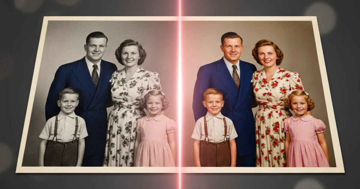 A vintage family portrait: faded on the left, fully restored color on the right.