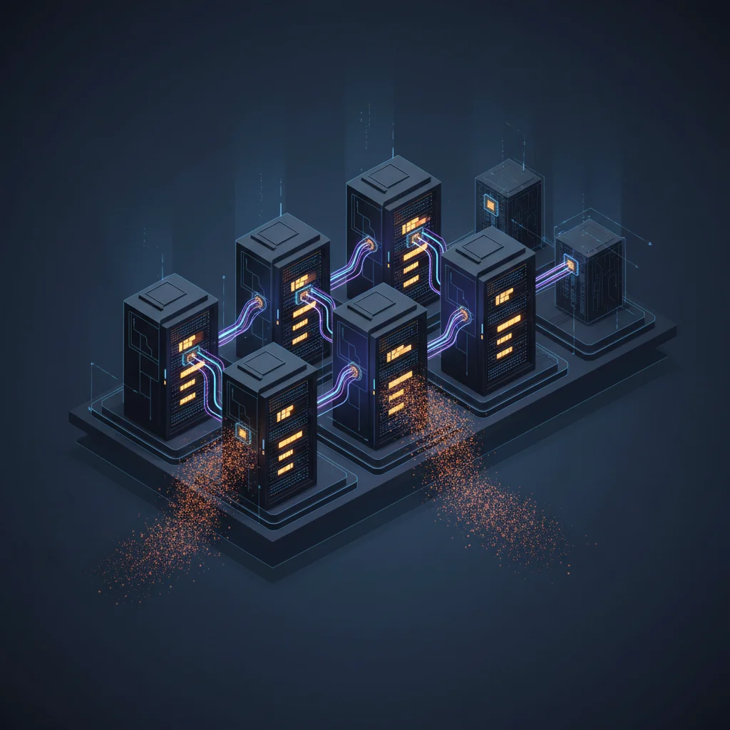 Isometric GPU computing cluster with autoscaling instances and amber glow