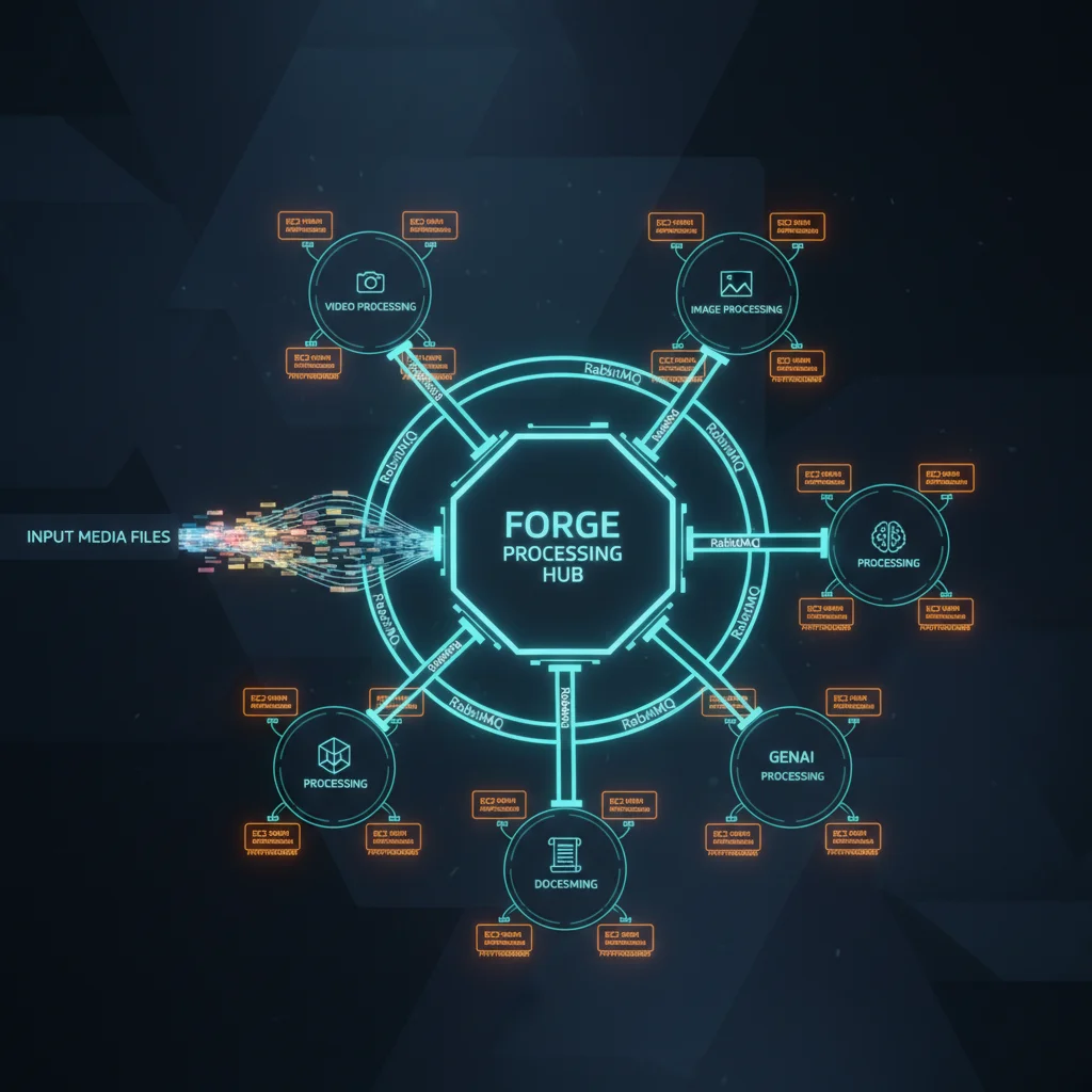 Forge orchestration architecture with specialized worker pools connected by glowing data streams