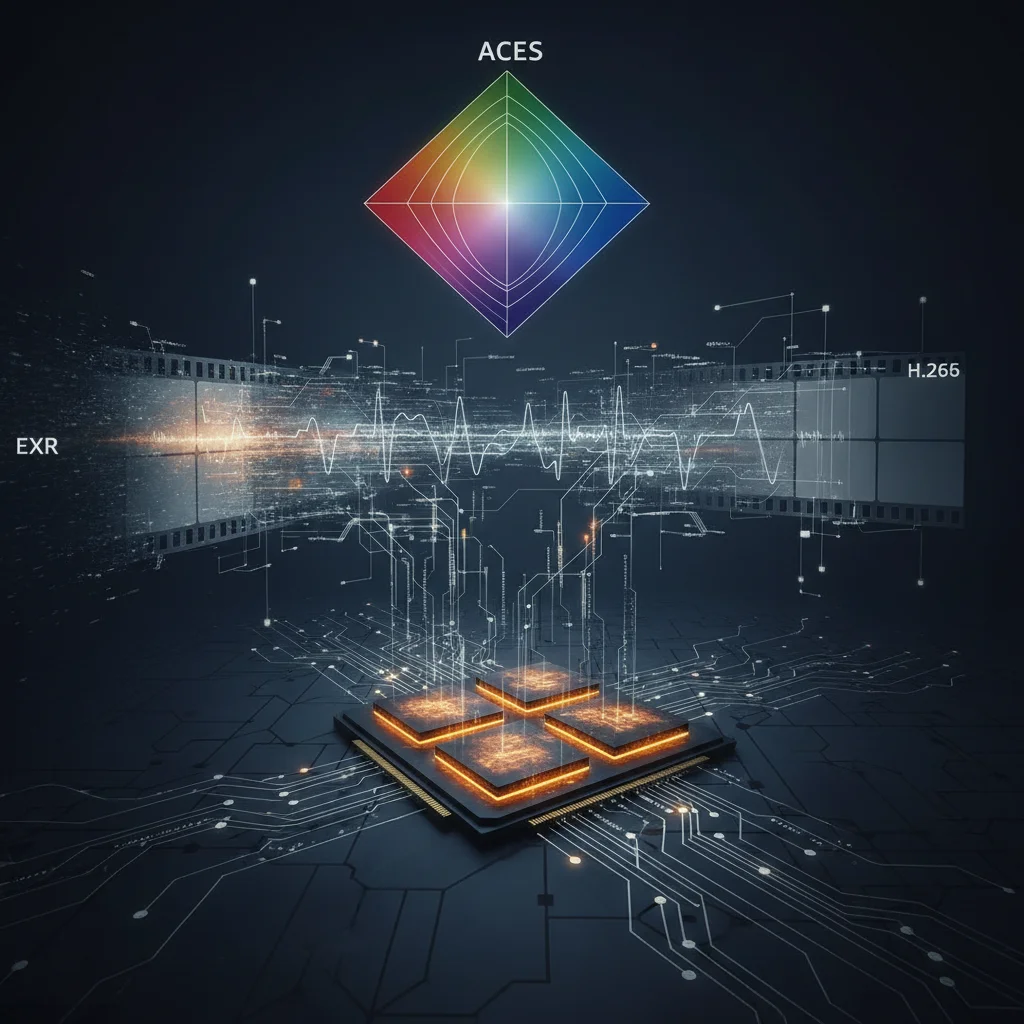 GPU-accelerated media processing pipeline with amber glowing cores and ACES color grading