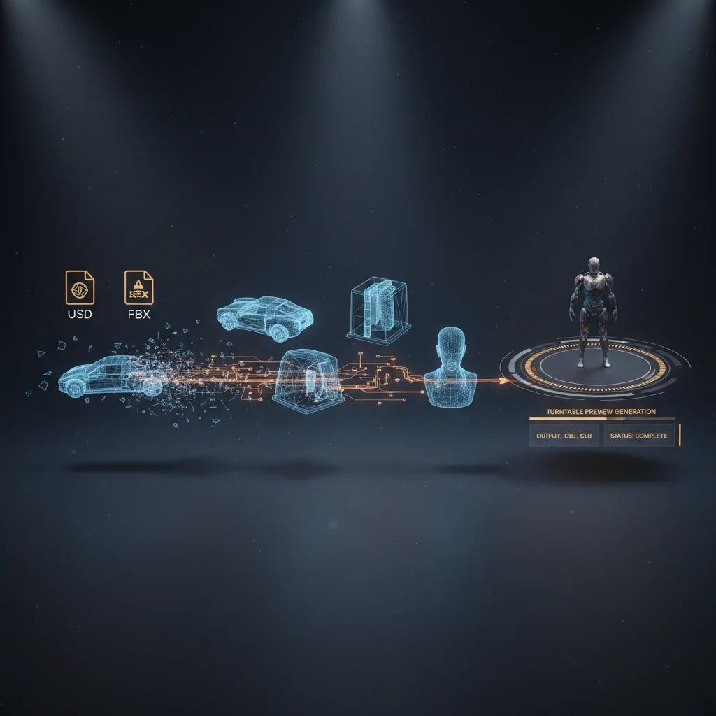 3D model processing visualization showing USD and FBX file conversion with wireframe rendering and turntable preview generation