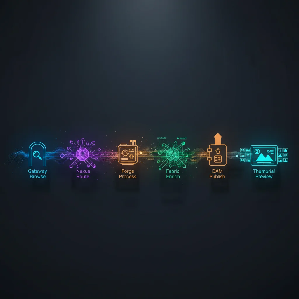 Six-step data flow from Conductor browse through Lens preview