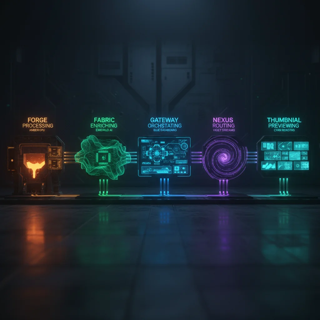 Five product visualization showing Forge, Fabric, Conductor, Nexus, and Lens in a unified pipeline